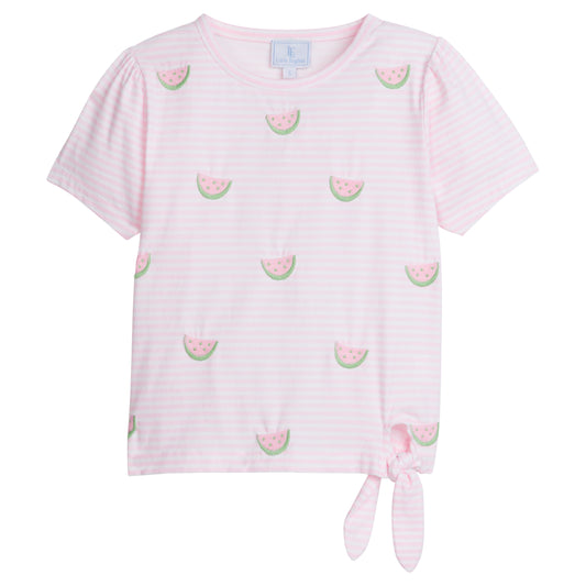 Little English Embroidered Tie Tee- Watermelons