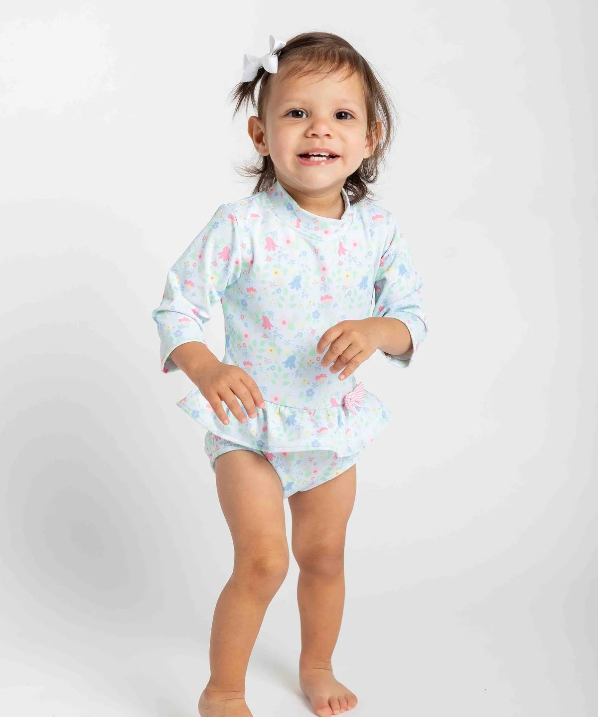 Floral Print One Piece Rashguard With Bow