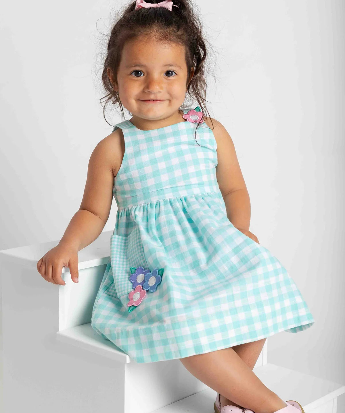 Gingham Linen Look Dress With Flowers
