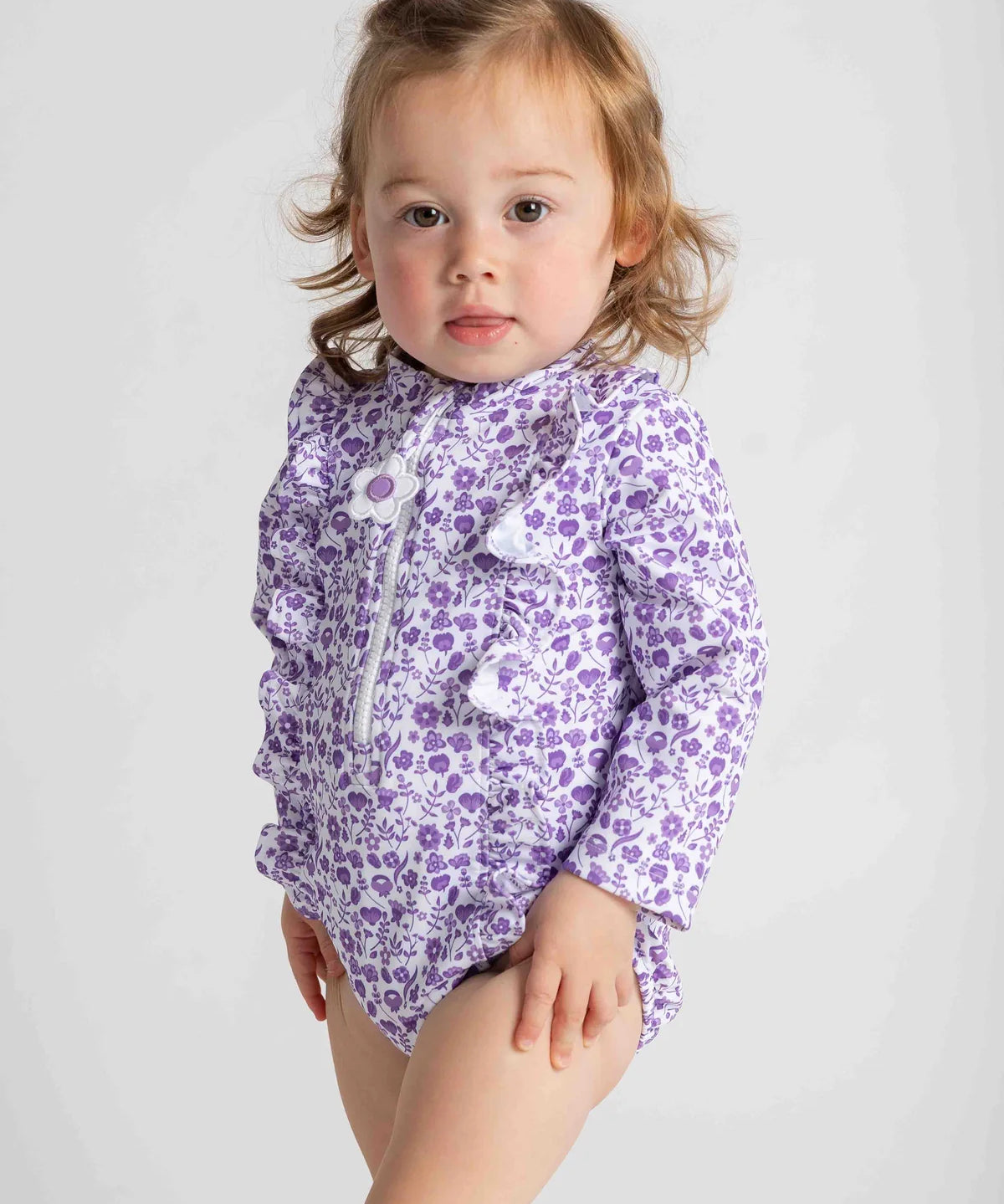 Floral Print One Piece Rashguard With Ruffles