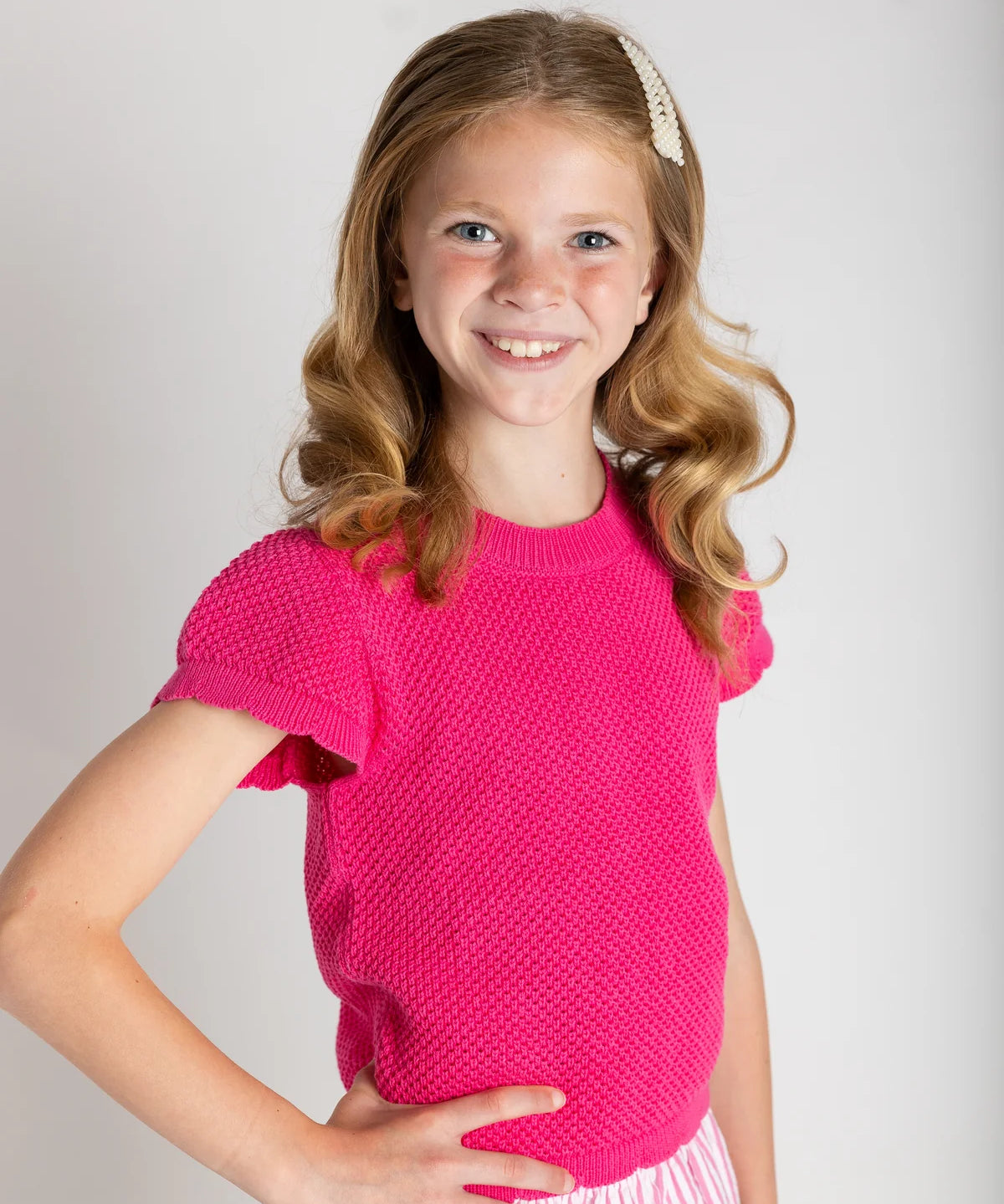 Short Sleeve Sweater With Scallop Edges