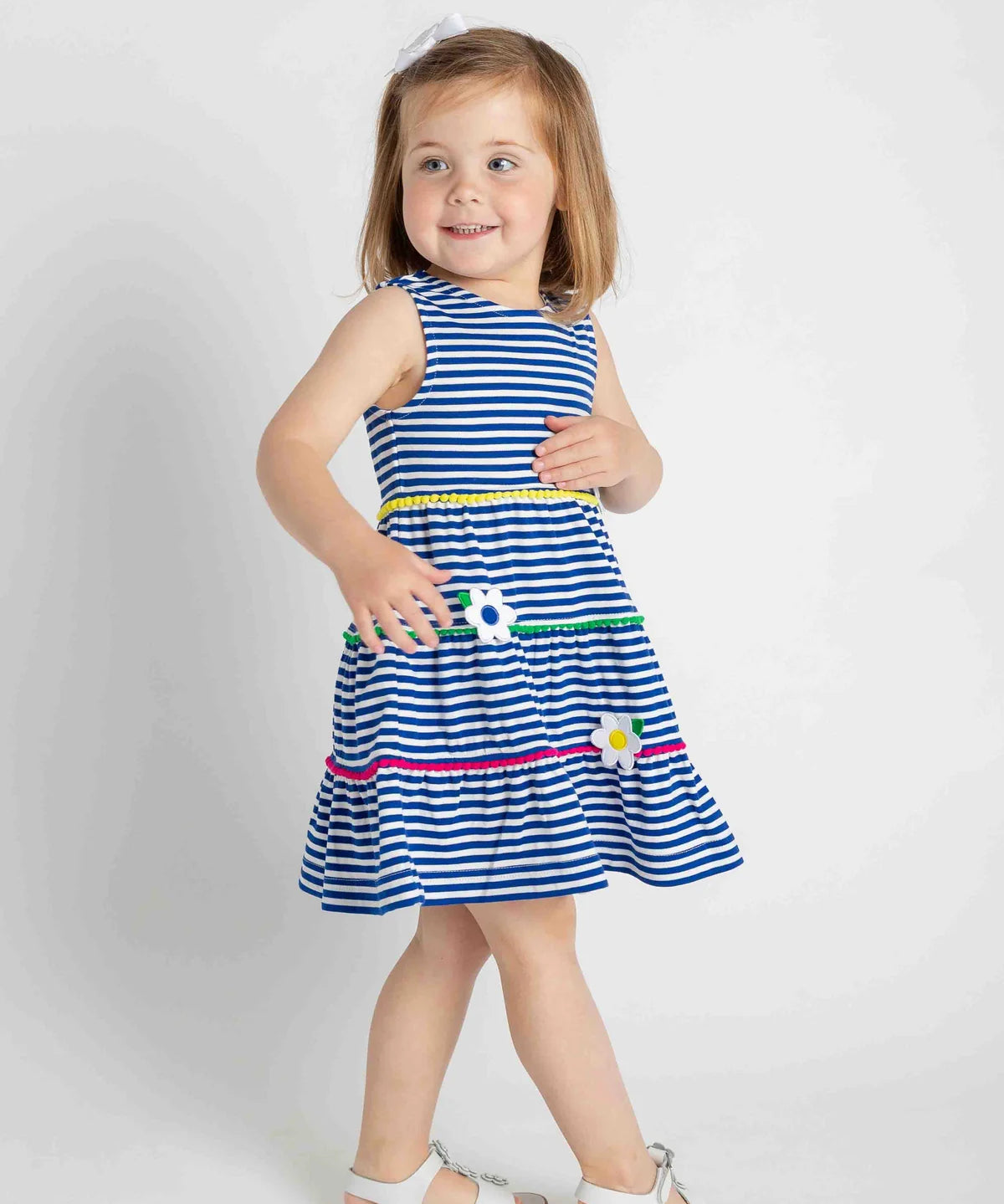 Stripe Knit Dress With Pom Poms and Flowers