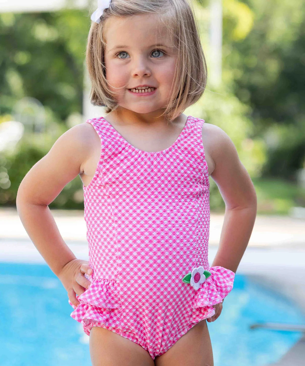 Pink Gingham Swimsuit With Ruffles And Flowers