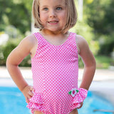 Pink Gingham Swimsuit With Ruffles And Flowers