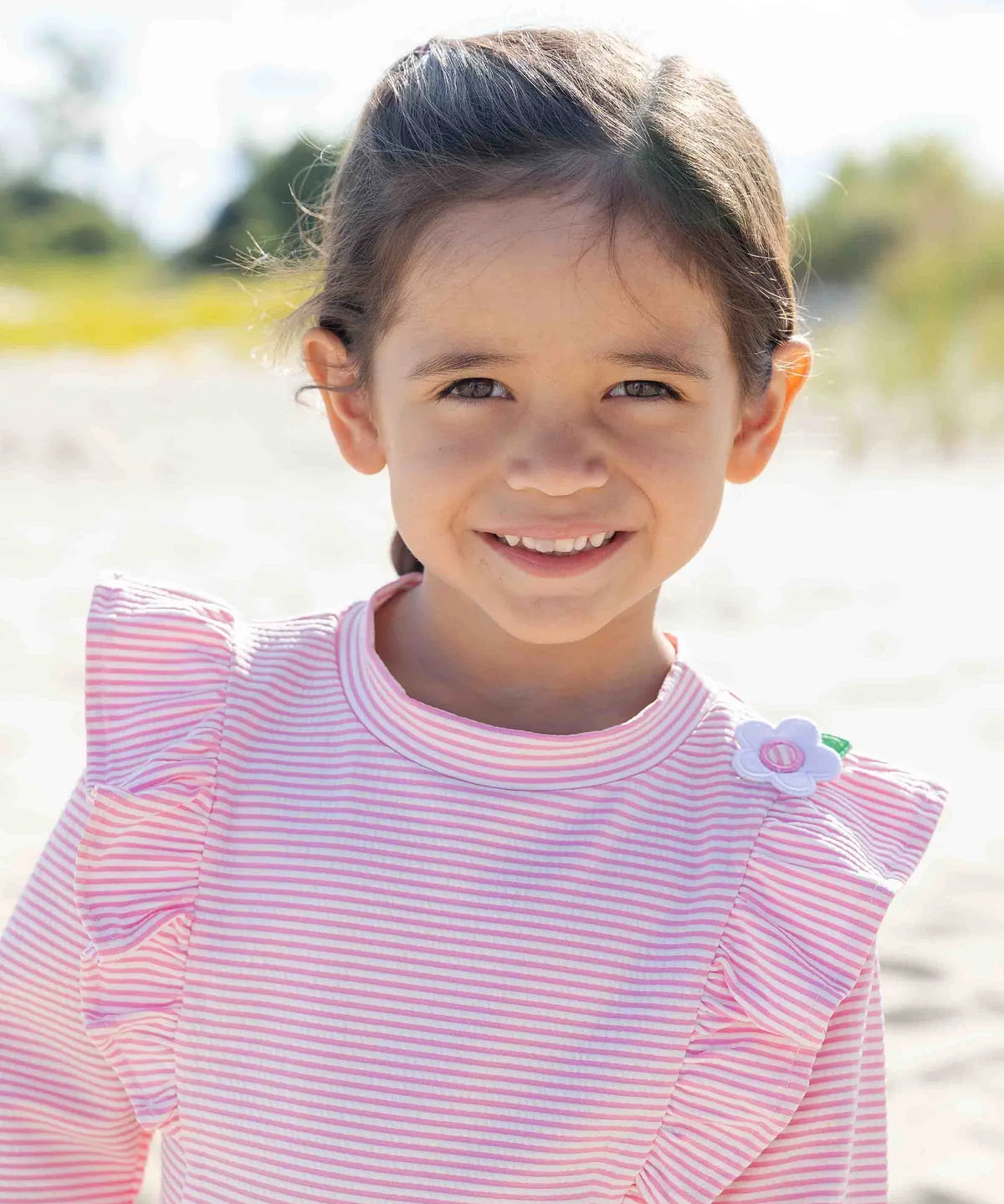 Stripe Seersucker Rash Guard Swimsuit With Flower