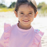 Stripe Seersucker Rash Guard Swimsuit With Flower
