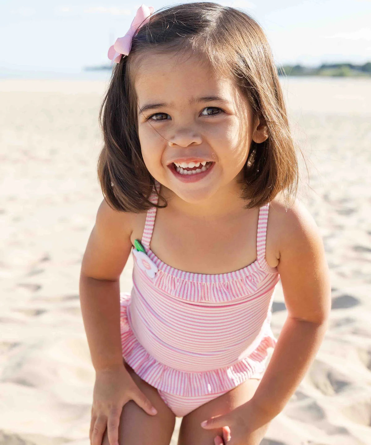 Florence Eiseman Pink Stripe Seersucker Swimsuit With Flower
