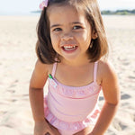 Florence Eiseman Pink Stripe Seersucker Swimsuit With Flower