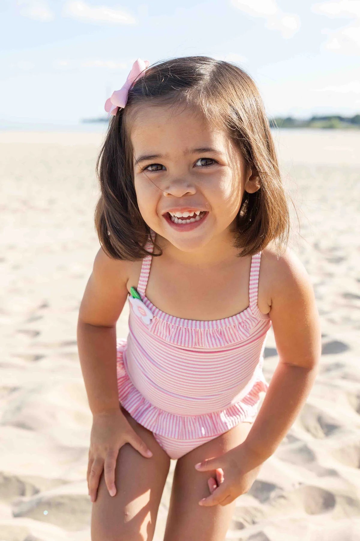 Florence Eiseman Pink Stripe Seersucker Swimsuit With Flower