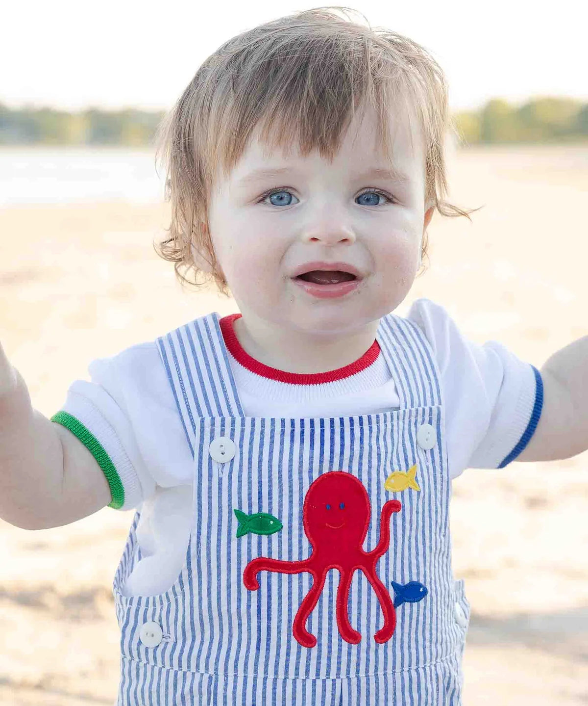 Stripe Seersucker Shortall With Octopus
