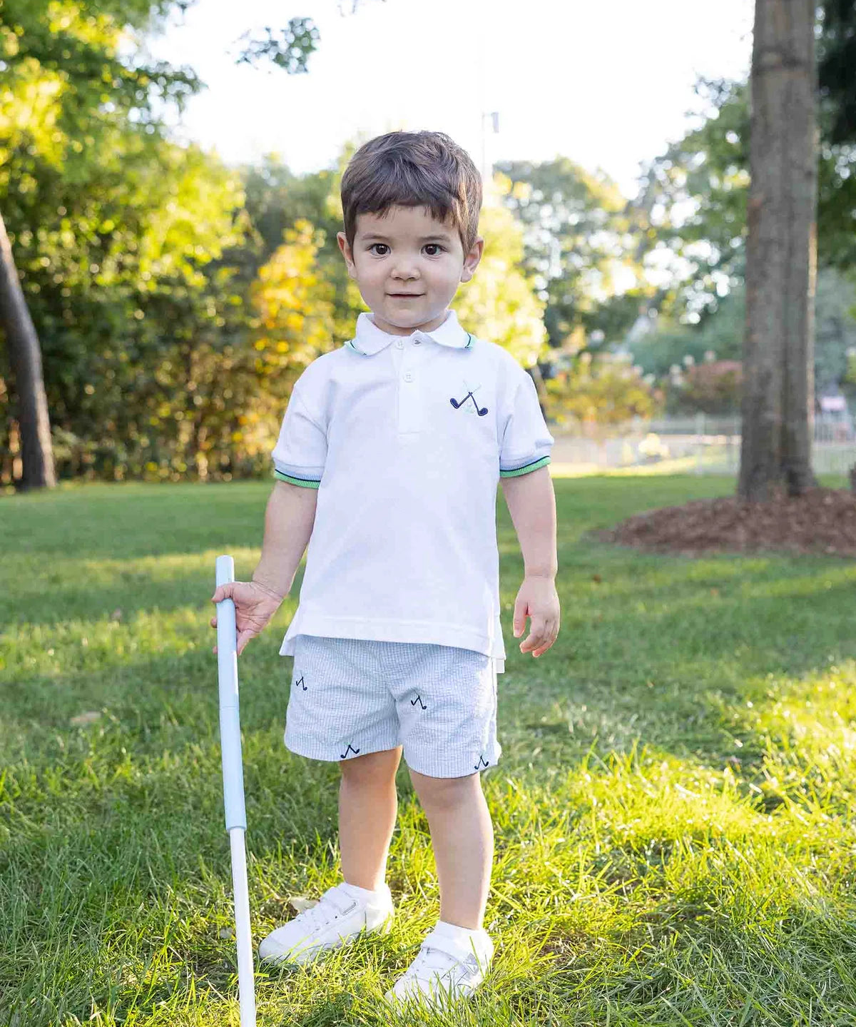 Check Seersucker Short With Embroidered Golf Clubs