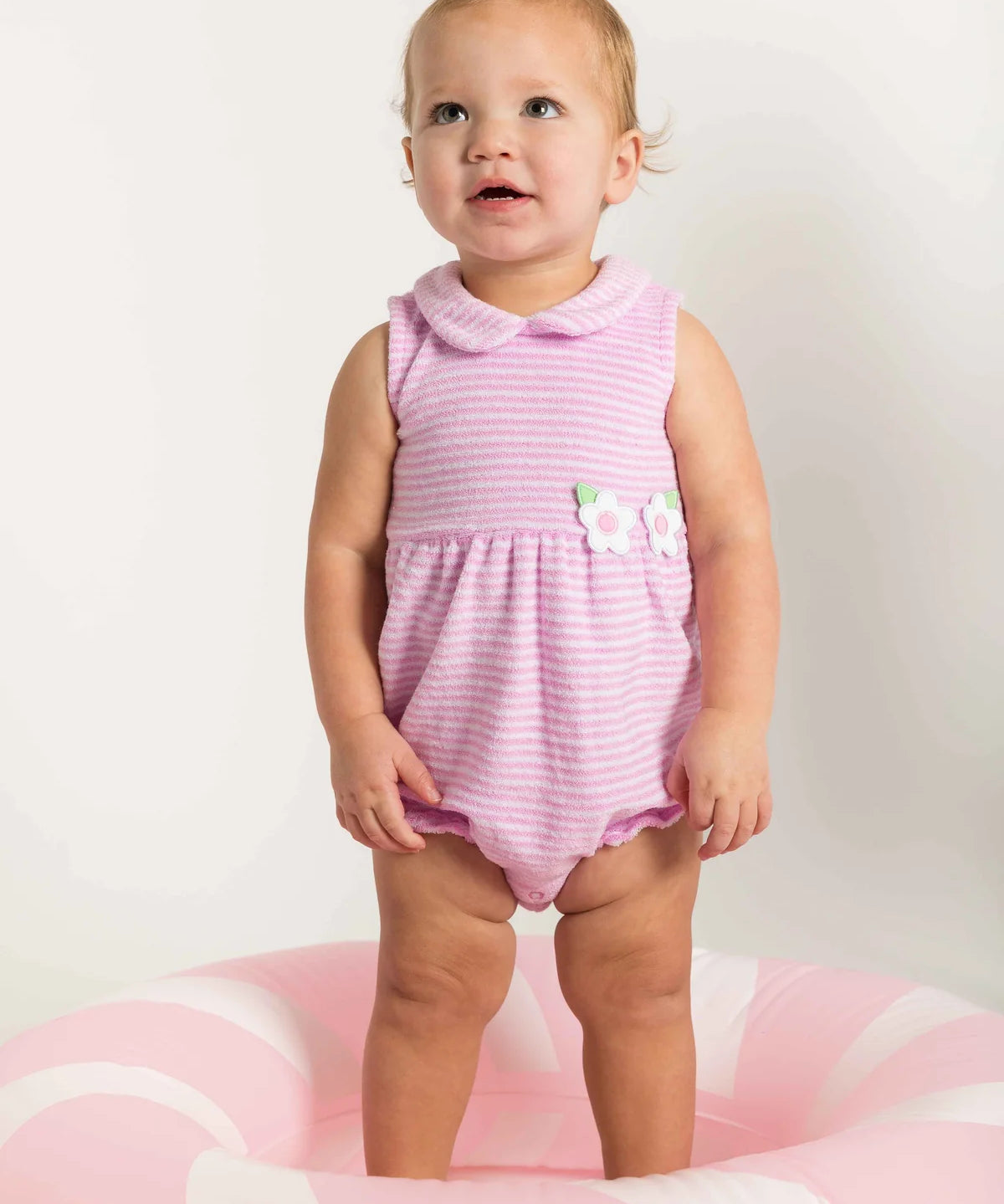 Stripe Terry Romper With Flowers