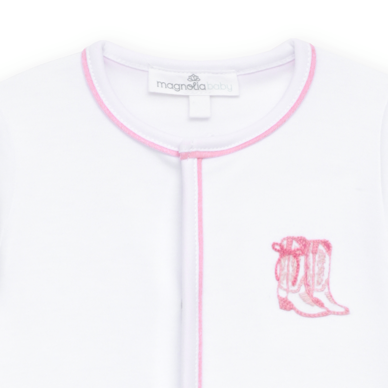 Magnolia Baby Darling Cowboy Boots Ruffle Footie- Pink