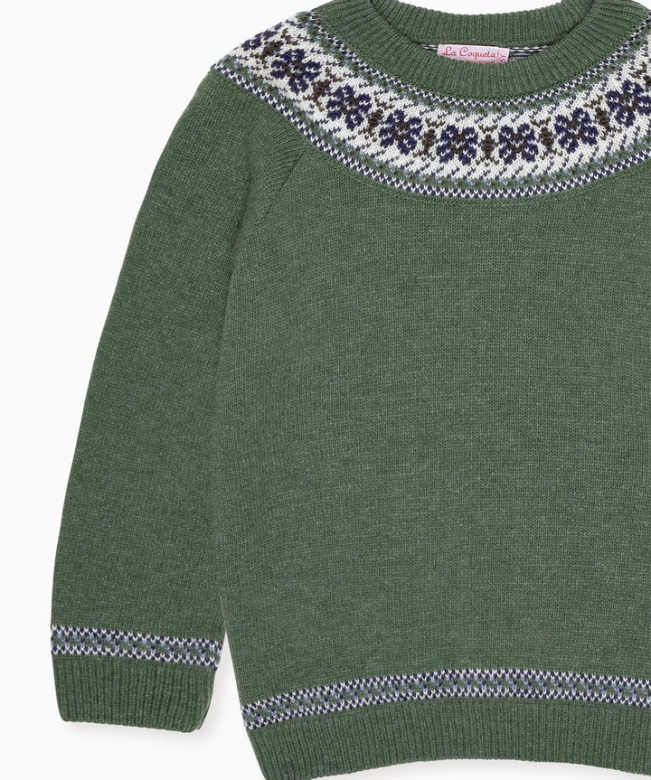 La Coqueta Olive Fair Isle Merino Kids Jumper