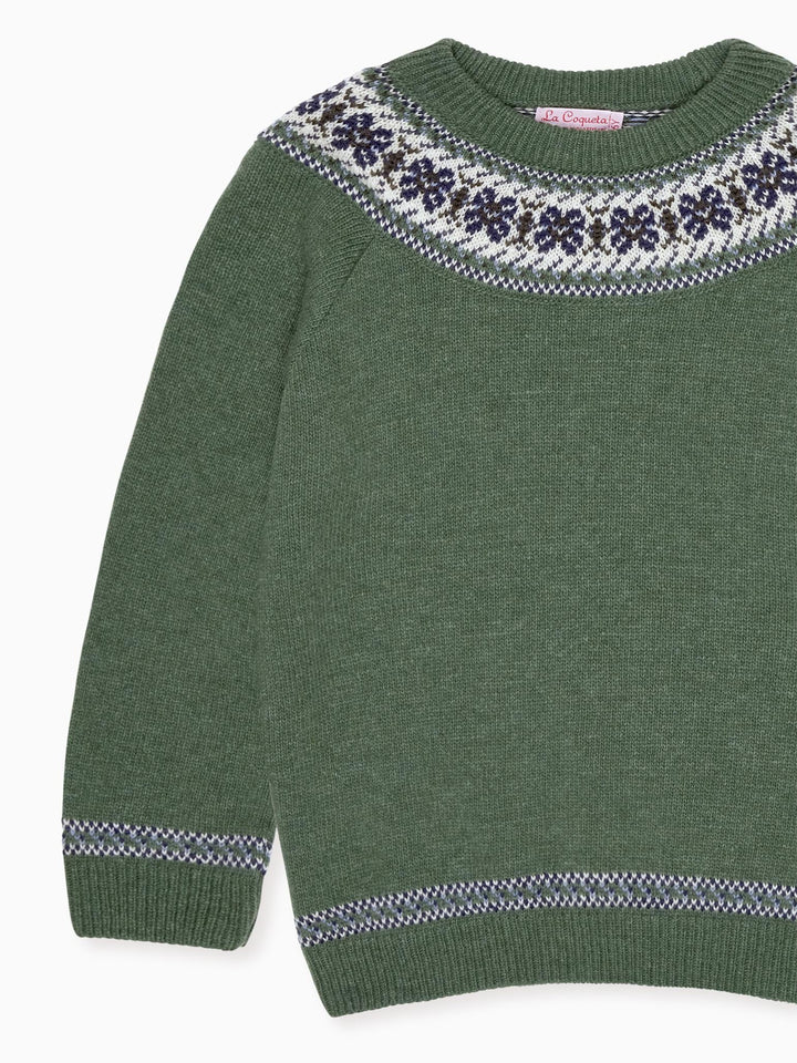 La Coqueta Olive Fair Isle Merino Kids Jumper