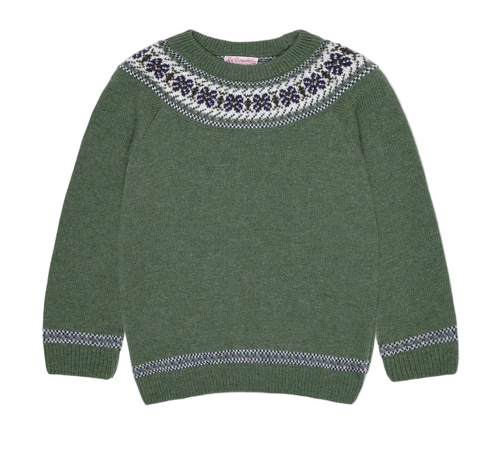 La Coqueta Olive Fair Isle Merino Kids Jumper