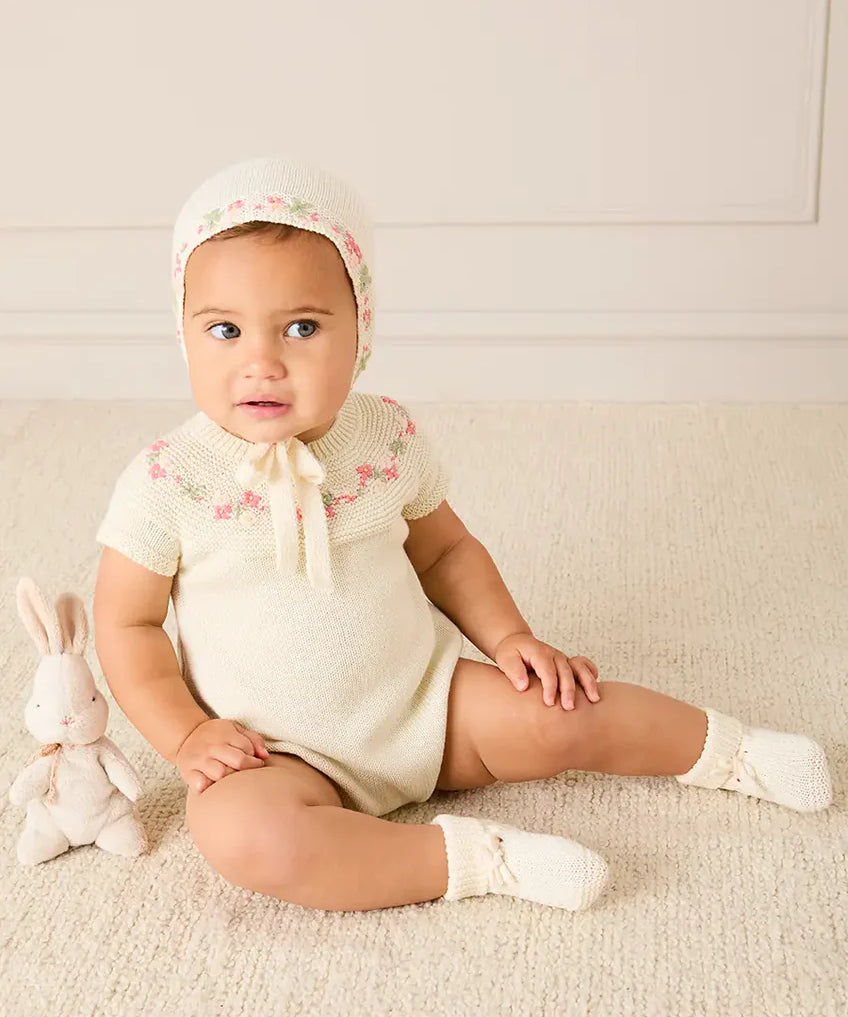 Wildflower Embroidered Knitted Romper in Cream