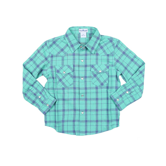 BlueQuail Blue & Green Plaid Flannel Pearl Snap Long Sleeve Shirt