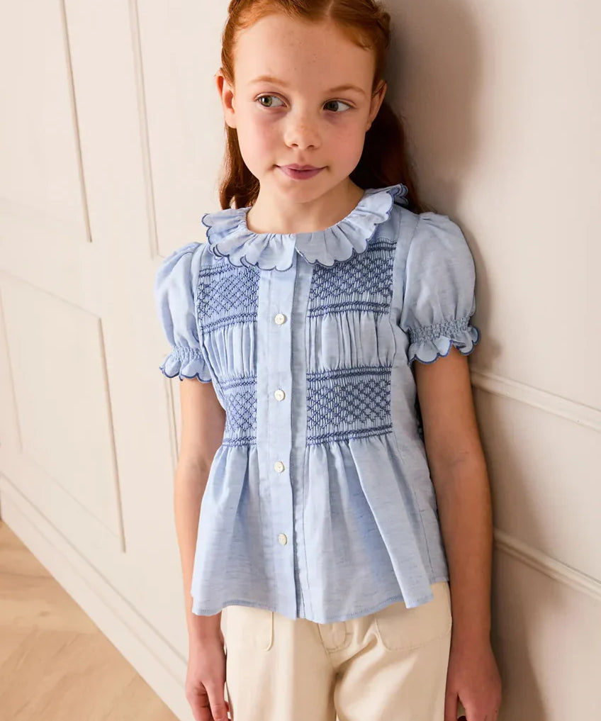 Smocked Peplum Scallop Collar Blouse in Blue