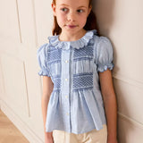 Smocked Peplum Scallop Collar Blouse in Blue