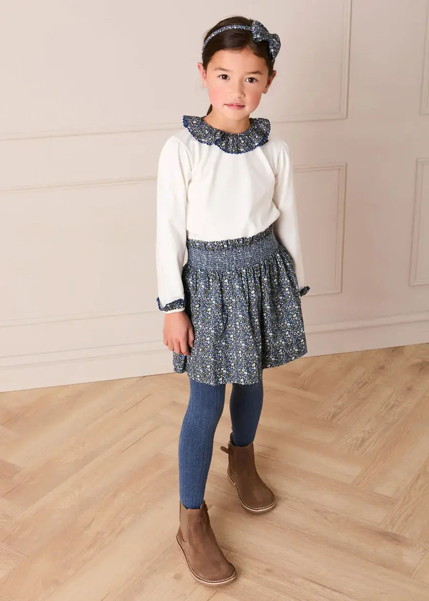 Lydia Floral Smocked Waist Skirt in Navy