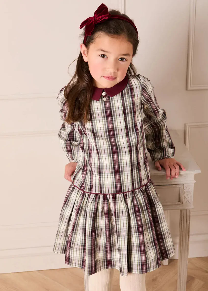 Whittaker Check Long Sleeve Pleated Dress in Burgundy
