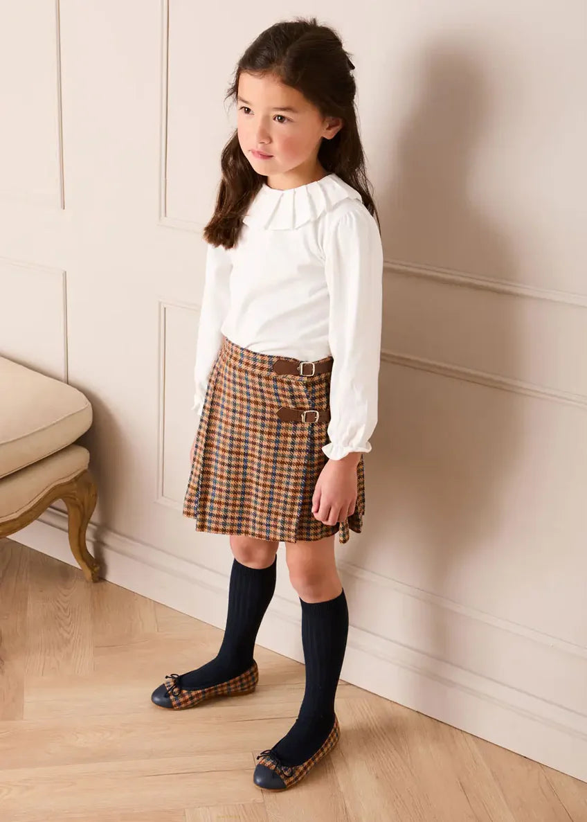 Vincent Check Button Detail Pleated Skirt in Brown