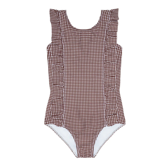 Minnow Cocoa Gingham Ruffle Collar One Piece