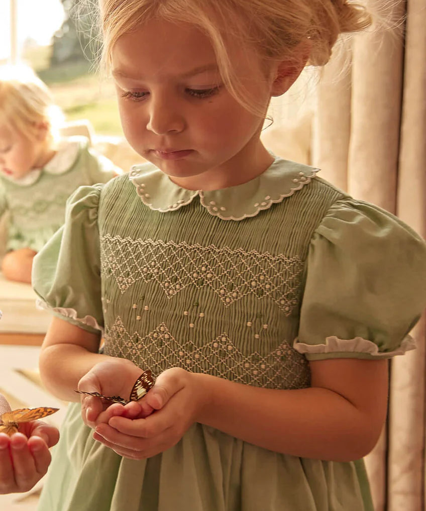 Hand Smocked Peter Pan Collar Short Sleeve Dress in Green