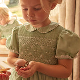 Hand Smocked Peter Pan Collar Short Sleeve Dress in Green