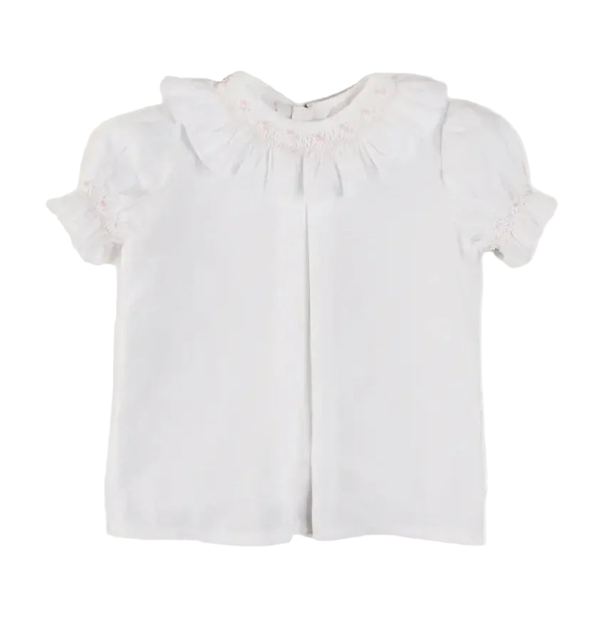 Pepa London Hand Smocked Collar Short Sleeve Blouse in White