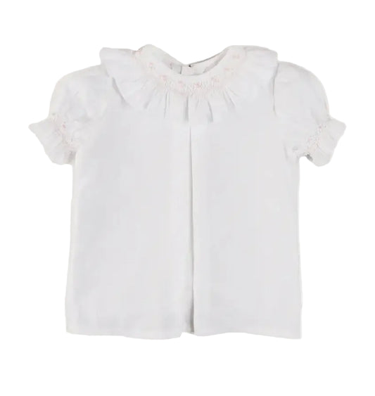 Pepa London Hand Smocked Collar Short Sleeve Blouse in White
