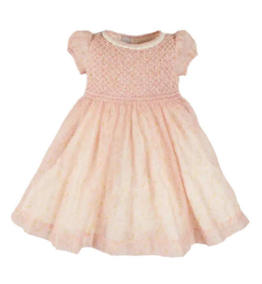 Pepa London Constance Floral Hand Smocked Short Sleeve Party Dress in Pink