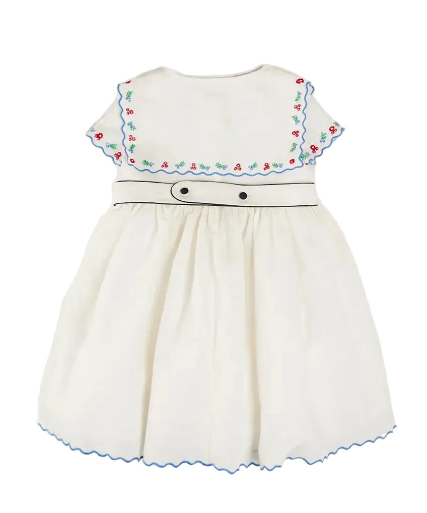 Embroidered Mariner Collar Short Sleeve Dress in White