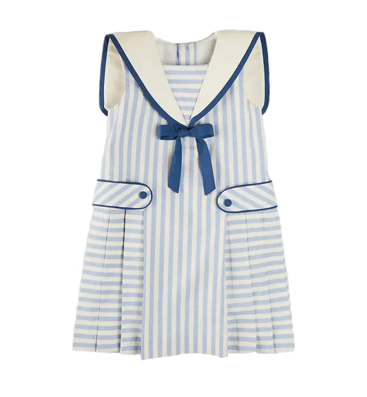 Pepa London Regency Striped Mariner Collar Pleated Sleeveless Dress in Blue
