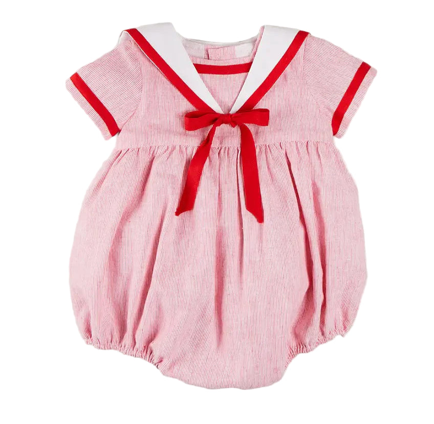 Pepa London Lawrence Striped Mariner Collar Short Sleeve Romper in Red