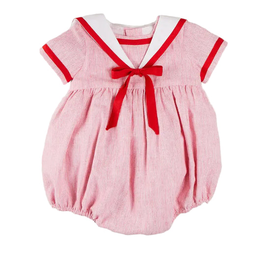 Pepa London Lawrence Striped Mariner Collar Short Sleeve Romper in Red