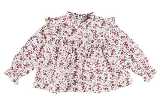 Pepa London Louisa Floral Ruffle Trim Long Sleeve Blouse in Burgundy