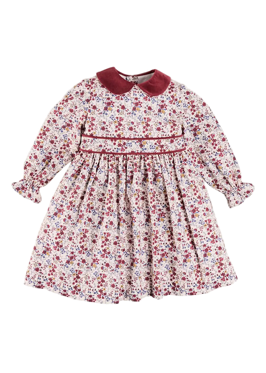 Pepa London Louisa Floral Velvet Collar Long Sleeve Dress in Burgundy