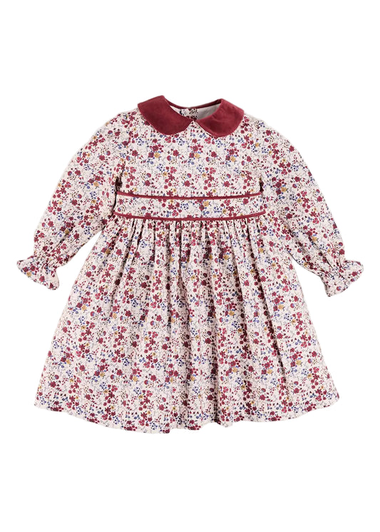 Pepa London Louisa Floral Velvet Collar Long Sleeve Dress in Burgundy