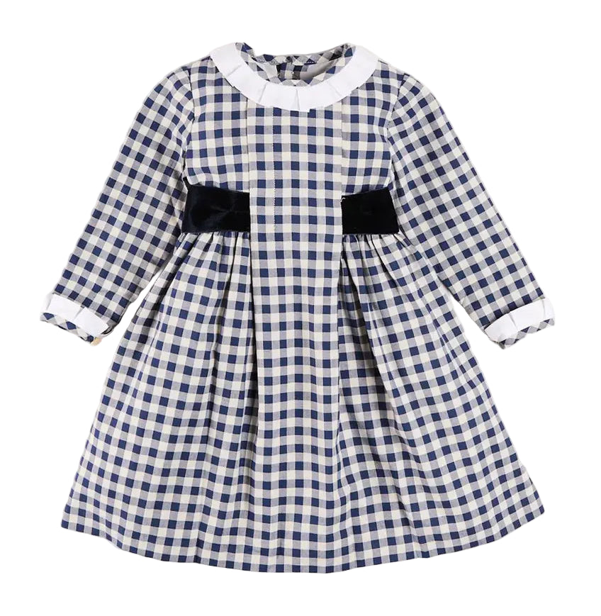 Pepa London Draycott Check Long Sleeve Velvet Bow Dress in Blue