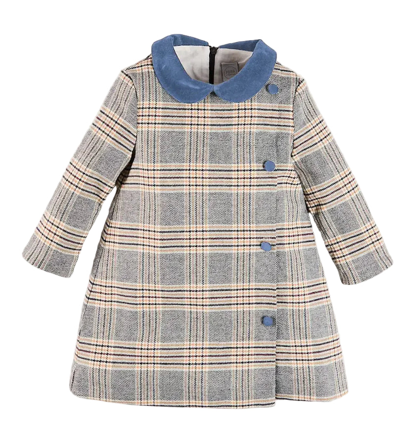 Pepa London Walcott Check Long Sleeve Velvet Collar Dress in Navy