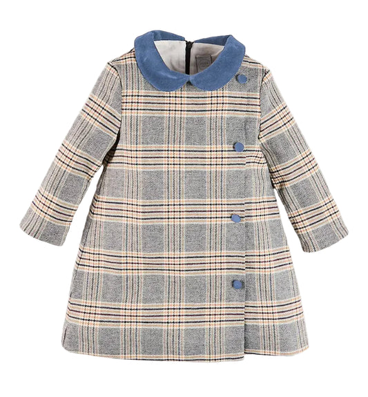 Pepa London Walcott Check Long Sleeve Velvet Collar Dress in Navy