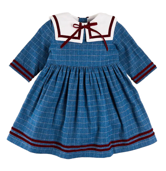 Moreton Check Mariner Collar Velvet Detail Dress in Blue