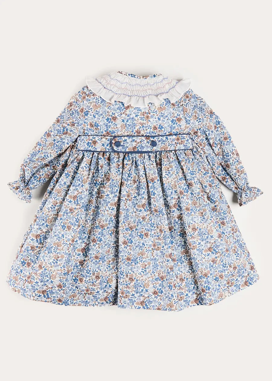Pepa London Beatrice Floral Hand Smocked Double Breasted Long Sleeve Dress in blue