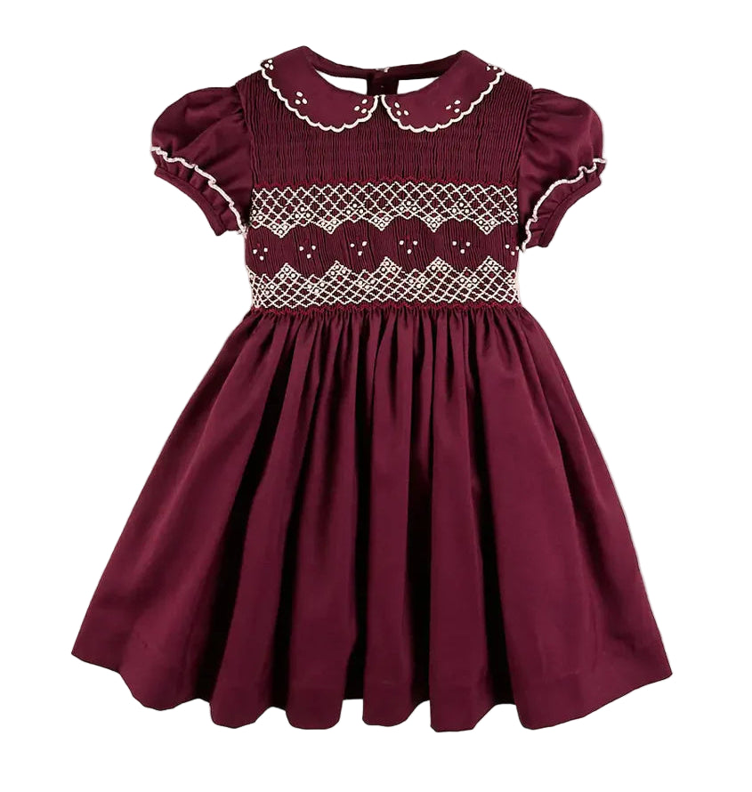 Pepa London Hand Smocked Peter Pan Collar Short Sleeve Dress in Burgundy