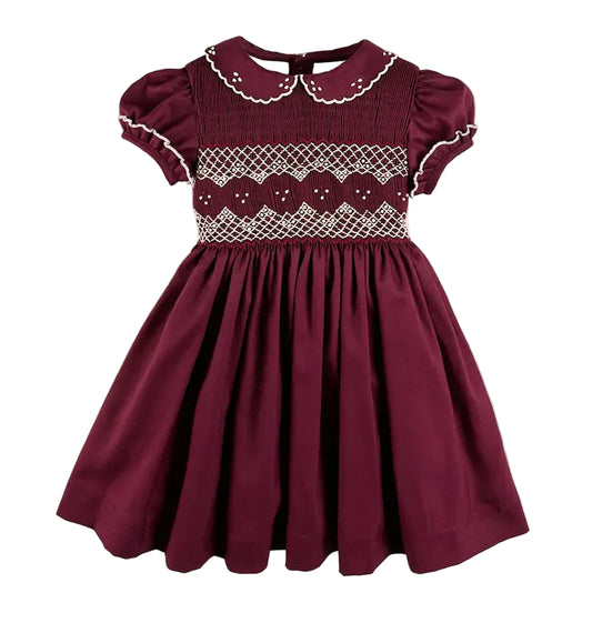 Pepa London Hand Smocked Peter Pan Collar Short Sleeve Dress in Burgundy