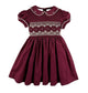 Pepa London Hand Smocked Peter Pan Collar Short Sleeve Dress in Burgundy
