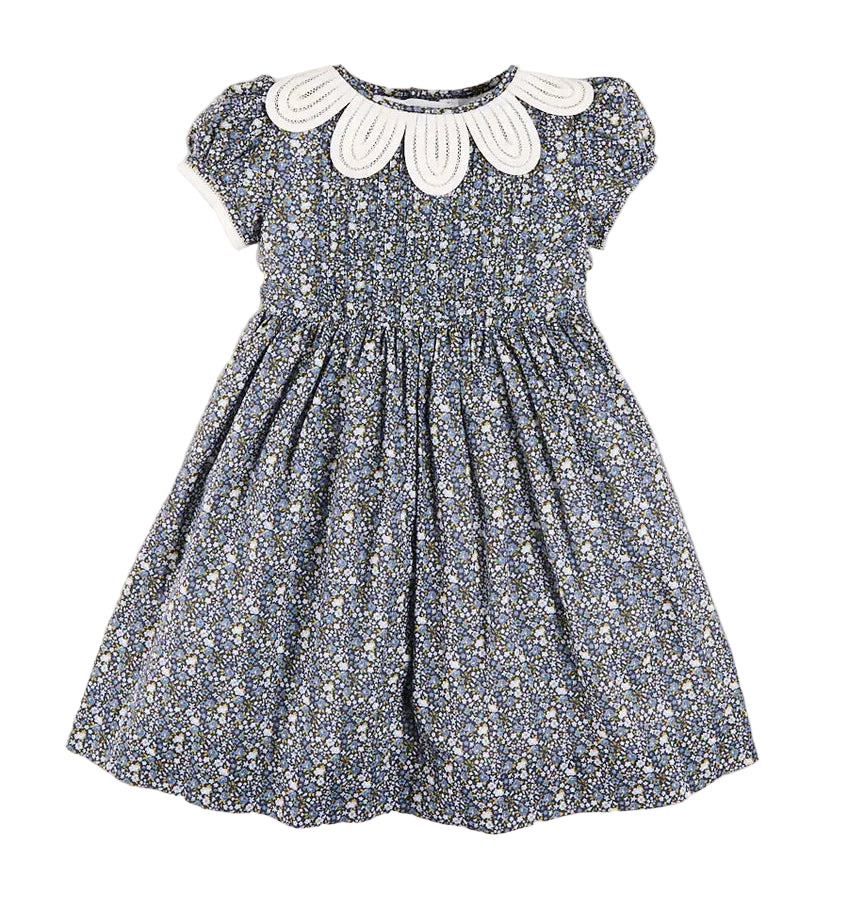 Pepa London Lydia Floral Petal Collar Short Sleeve Bow Detail Dress in Blue