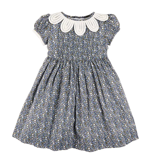 Pepa London Lydia Floral Petal Collar Short Sleeve Bow Detail Dress in Blue